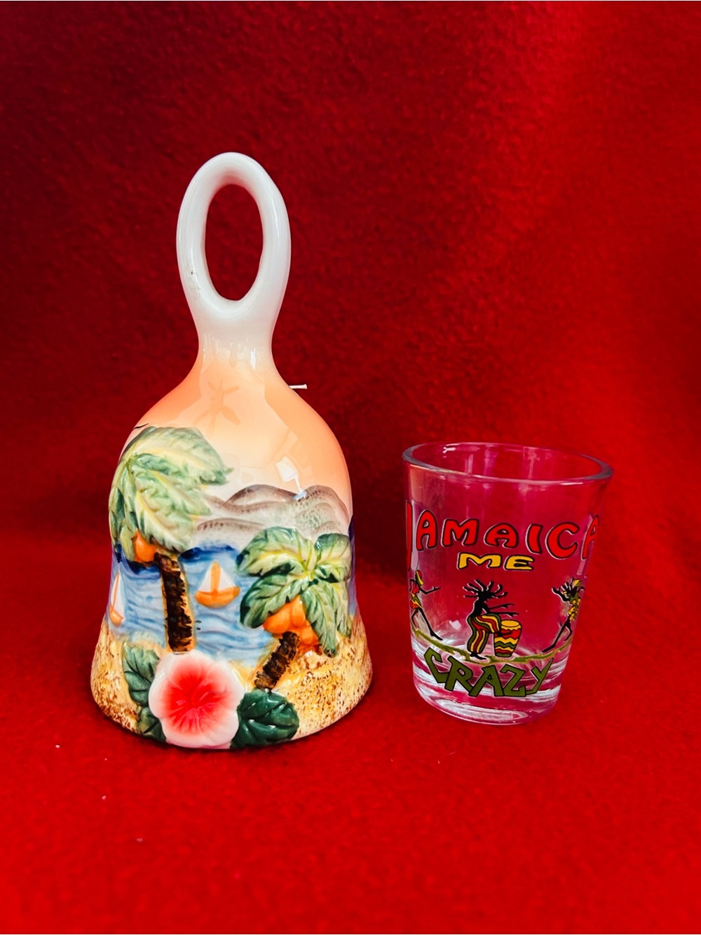 JAMAICA Ceramic Bell with Palm Tree Scene PLUS shot glass